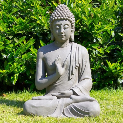 Gartenstatue sitzender Buddha Gerechtigkeit grau