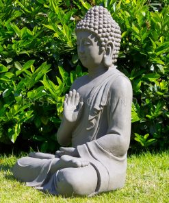 Linkerzijde tuinbeeld boeddha gerechtigheid grijs 73 centimeter