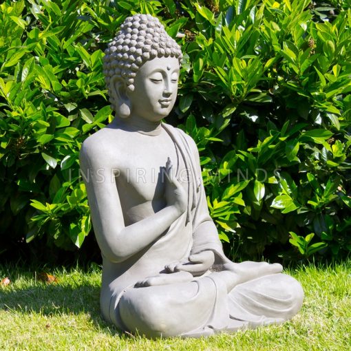 Höger sida trädgårdsstaty Buddha rättvisa grå 73 centimeter