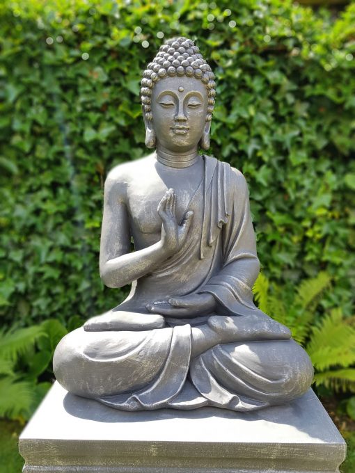 Statua da giardino del Buddha seduto argento antico e grigio scuro