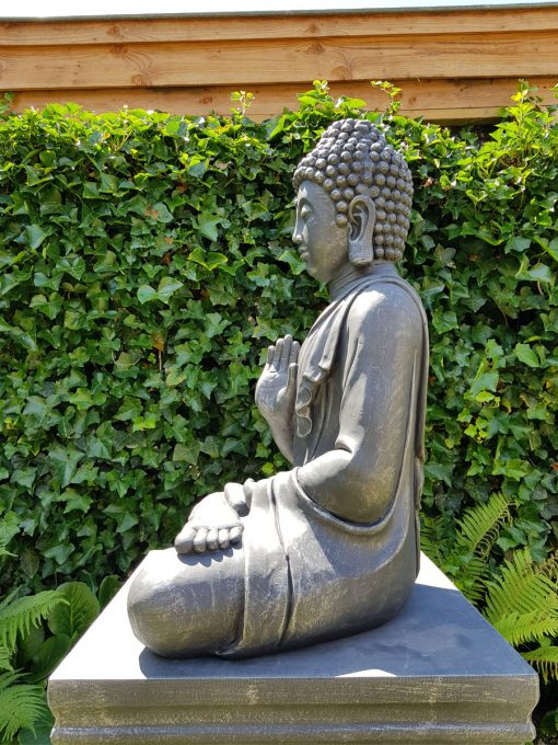 Sittande Buddha Trädgårdsstaty Antik Silver & Mörkgrå 817XL-AS-rygg (2)