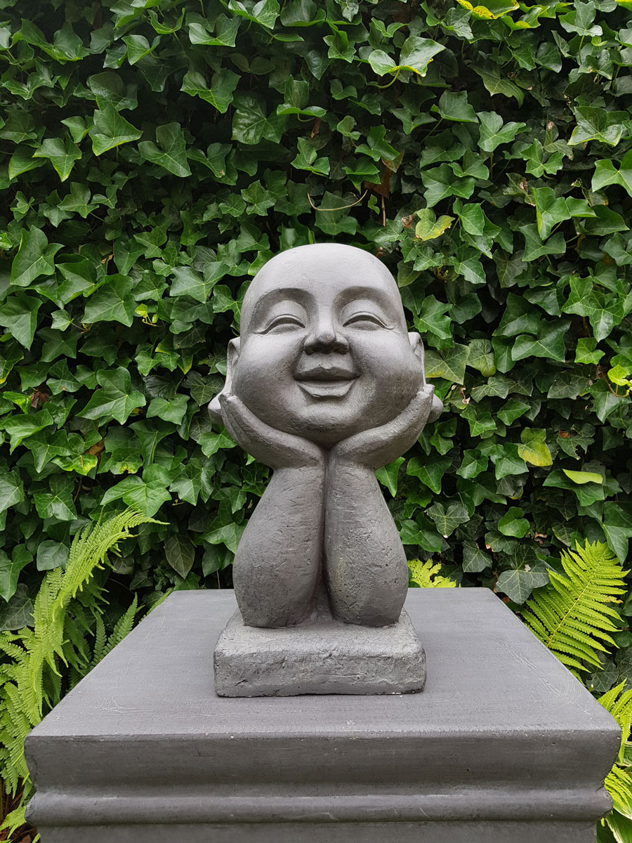Aanklager Geometrie Verleiden Tuinbeeld Happy Boeddha Hoofd 37cm - Boeddha-beelden.com