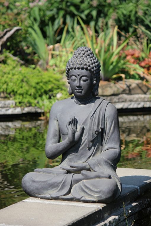 Atmosphäre-Bild-sitzender-Buddha-am-Teich