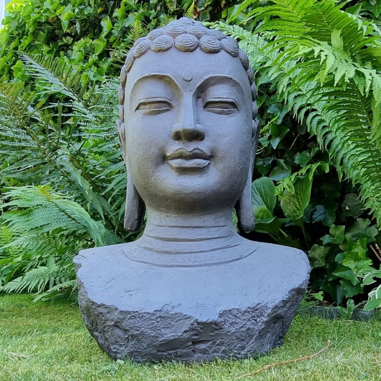 XL Boeddha Hoofd Tuinbeelden voor Buiten 60cm – Groot Donker Grijs Tuinbeeld