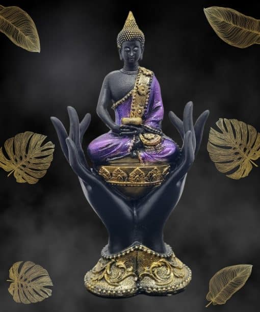 Thaise Boeddha Zittend in Handen zwart paars 15.5cm