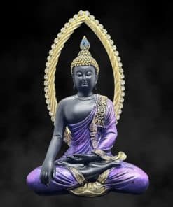 Thais Boeddha beeld meditatie onder boog 25cm zwart paars