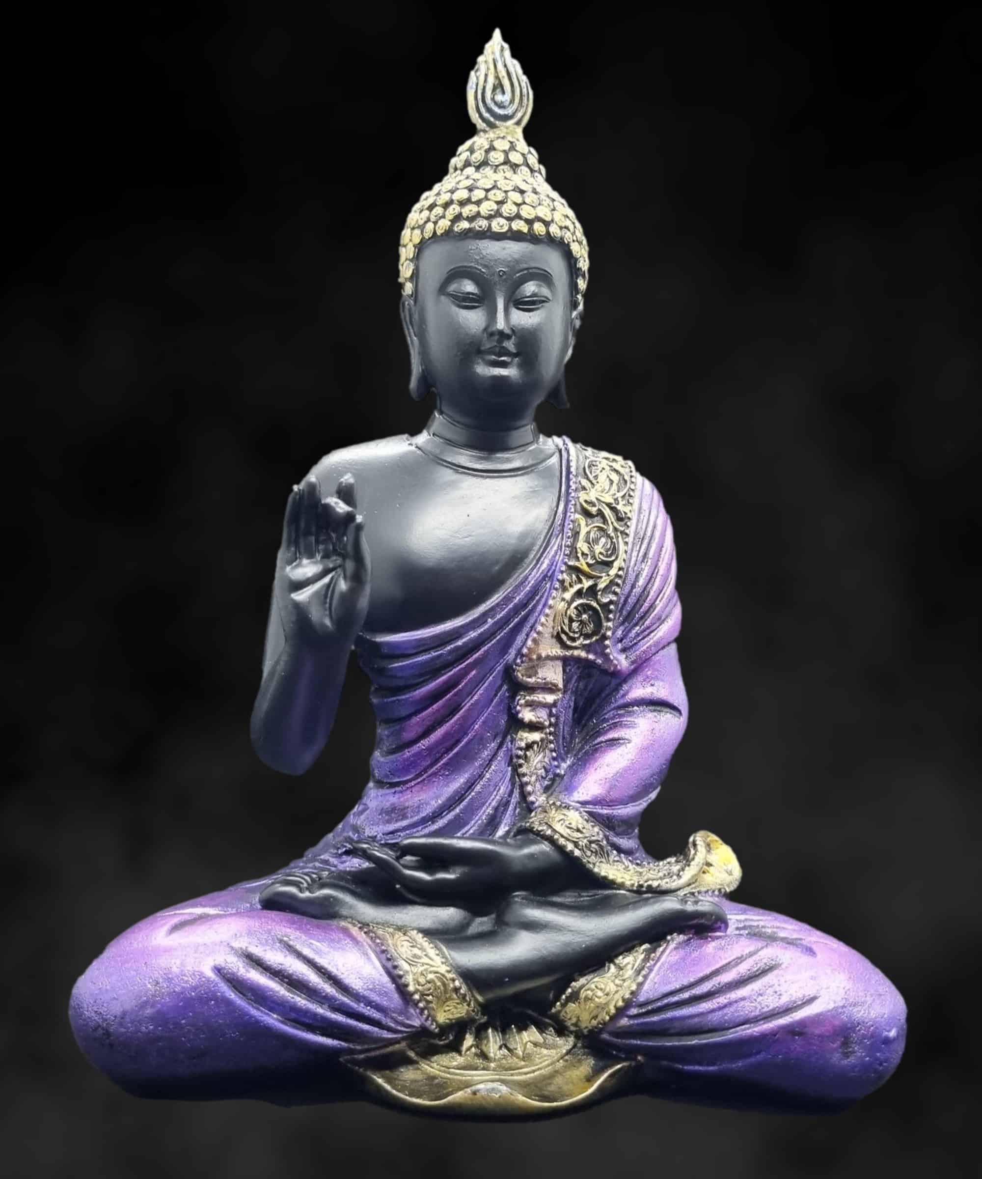 Statua di Buddha tailandese seduto Chin Mudra viola nero 21.5 cm