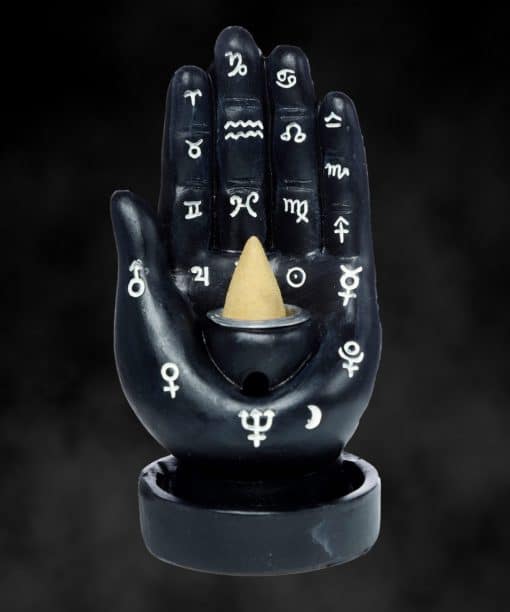 Zwarte Backflow Wierookhouder in de vorm van een Hand met mantra's 11,5cm