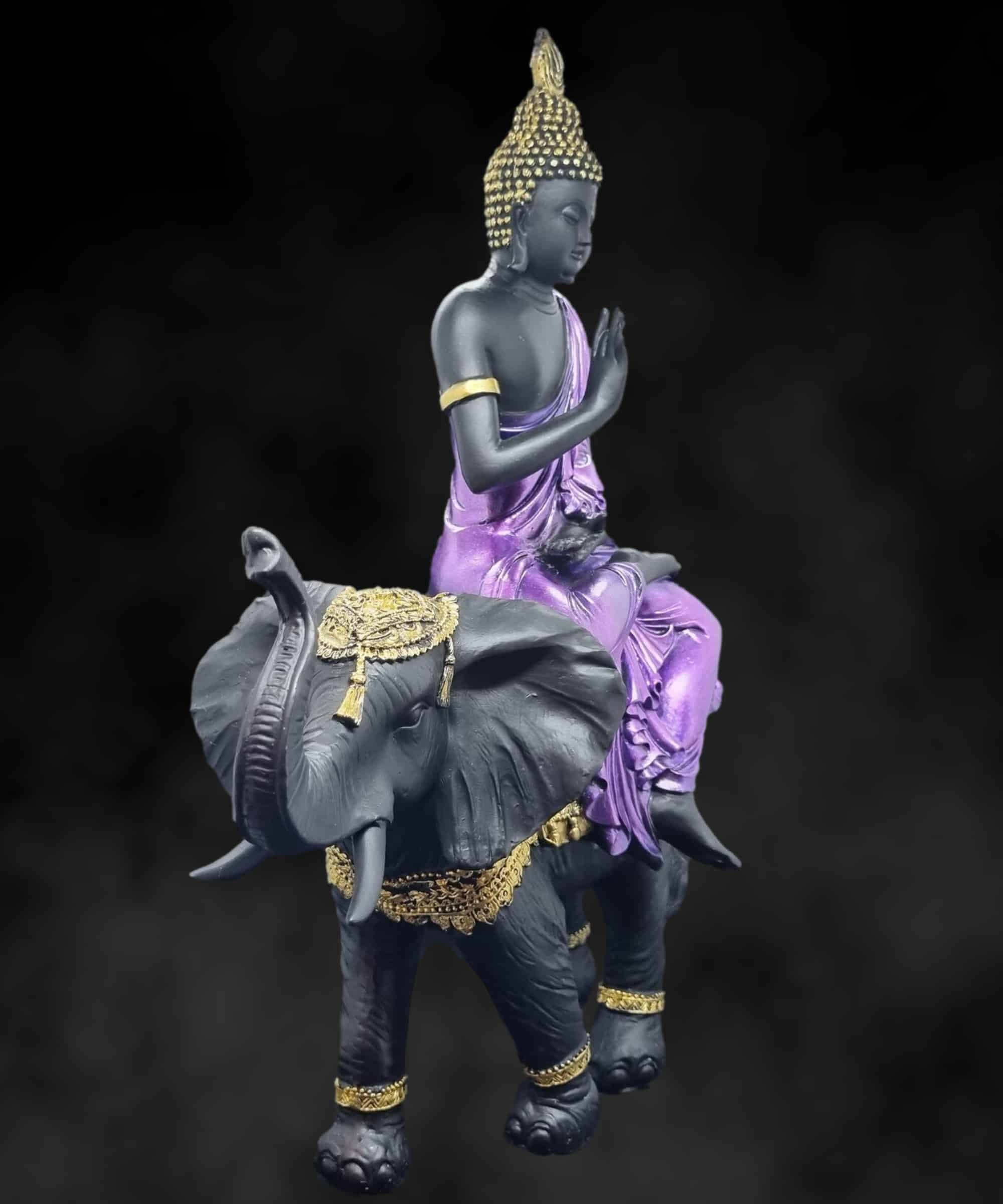 Grande Thai Buddha Nero Lilla Su Elefante 38 CM Poly Figura