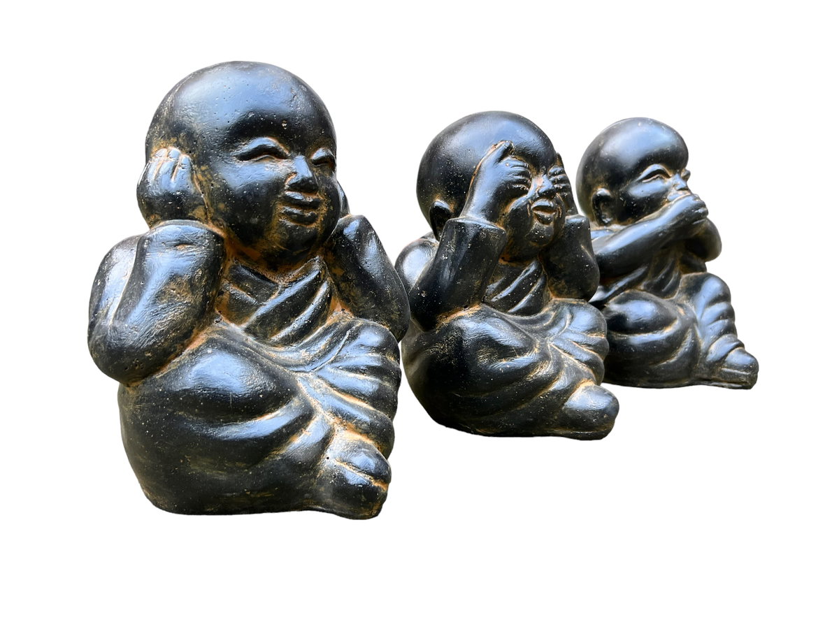 Stenen beeld Horen Zien en Zwijgen monniken - 27cm winterhard